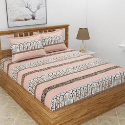 MORADO Safron Coral & White Floral Printed 210 TC King Bedsheet With 2 Pillow Covers-image-94
