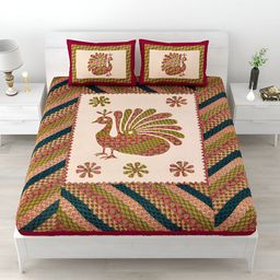 POORAK Red & Beige Ethnic Motifs Printed 104 TC Cotton Queen Bedsheet Set-6