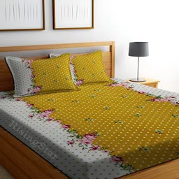 RISING STAR White & Mustard Floral Printed Cotton King Bedsheet with 2 Pillow Covers-8
