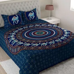 Aura Blue & Brown Ethnic Motifs Cotton 144 TC King Bedsheet With 2 Pillow Covers-picture-37