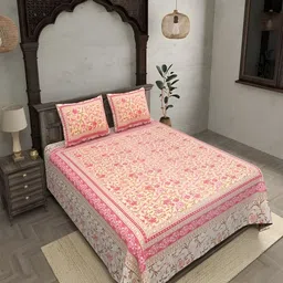Runjhun Beige & Pink Floral Cotton King Bedsheet with 2 Pillow Covers-image-86