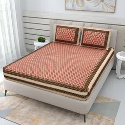 PATRICKO Beige & Peach-Coloured Floral 210 TC Queen Bedsheet with 2 Pillow Covers-7