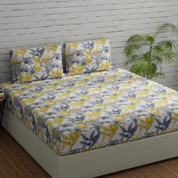 Huesland Comfort Yellow & White Floral 144 TC Cotton King Bedsheet with 2 Pillow Covers-image-56