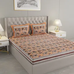 PATRICKO Orange & Grey Floral Cotton 330 TC King Bedsheet with 2 Pillow Covers-28