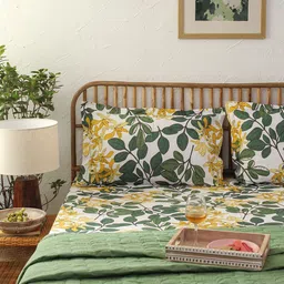 House This Green & Yellow Floral 180 TC Queen Bedsheet with 2 Pillow Covers-picture-28