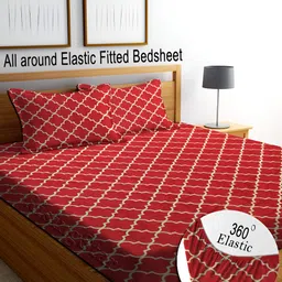 RISING STAR Red Geometric 350 TC King Fitted Bedsheet with 2 Pillow Covers-image-89