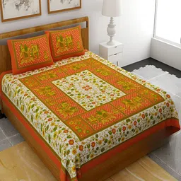 Aura Orange & White Floral Cotton 120 TC Queen Double Bedsheet With 2 Pillow Covers-image-54