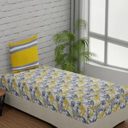 Huesland Pink & Yellow Printed 144 TC Cotton Fitted Single Bedsheet & 2 Pillow Covers-0