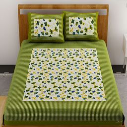 Aura Green & White Floral Printed Cotton 120 TC Queen Bedsheet with 2 Pillow Covers-image-27