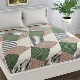 Florida Green & White Geometric 180 TC Queen Bedsheet with 2 Pillow Covers-image-55