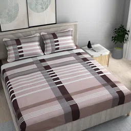 FINE TEX WORLD Coffee Brown Geometric 210 TC Fitted King Bedsheet & 2 Pillow Covers-image-83