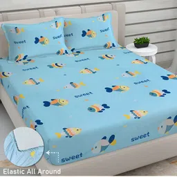 FABINALIV Blue & Green Cartoon Characters 300 TC King Bedsheet with 2 Pillow Covers-image-14