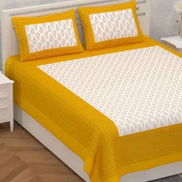 POORAK Yellow & White Geometric Cotton 104 TC Queen Bedsheet With 2 Pillow Covers-image-83