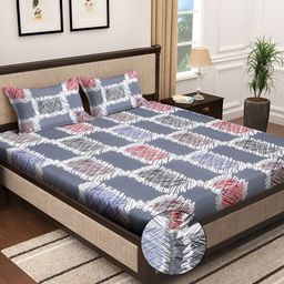 KLOTTHE Blue Geometric Printed 300TC Fitted Double King Bedsheet With 2 Pillow Covers-12