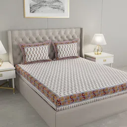 PATRICKO Brown & White Floral Flat 400 TC Cotton King Bedsheet with 2 Pillow Covers-picture-30