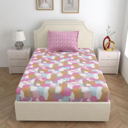 Salona Bichona Pink & White Cotton 144 TC Single Bedsheet with 1 Pillow Covers-image-96