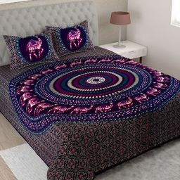Aura Purple & Pink Ethnic Motifs Printed Cotton 144 TC King Bedsheet with 2 Pillow Covers-image-38