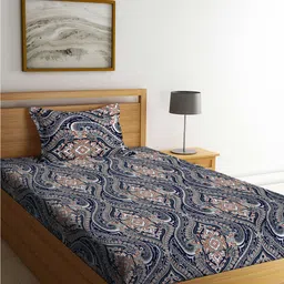 KLOTTHE Book Fold Blue & Brown Ethnic Motif-Printed 300TC Single Bedsheet & 1 Pillow Cover-15