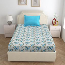 Salona Bichona Blue & White Printed 144 TC Pure Cotton Single Bedsheet & 1 Pillow Covers-image-28