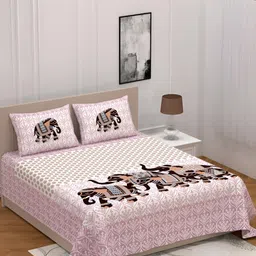 POORAK Pink & White Ethnic Motifs Cotton 104 TC Queen Bedsheet With 2 Pillow Covers-image-84