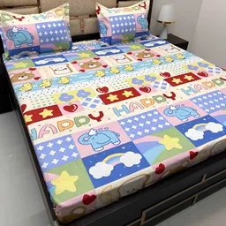Pure Decor Cream & Blue Cartoon Characters Cotton  Queen Bedsheet with 2 Pillow Covers-picture-48