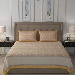 PATRICKO Brown & White Floral Cotton 400 TC King Bedsheet with 2 Pillow Covers-image-98