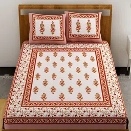 Aura Brown & White Ethnic Motifs Printed Cotton 120 TC Queen Bedsheet with 2 Pillow Covers-image-58