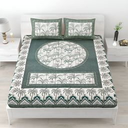 POORAK Green & White Floral Printed Cotton 104 TC Queen Bedsheet With 2 Pillow Covers-image-24