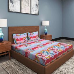 KLOTTHE Kids Pink & Blue Printed 300TC Fitted King Bedsheet With 2 Pillow Covers-image-54