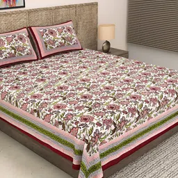 PATRICKO Beige & Maroon Floral Cotton 400 TC King Bedsheet with 2 Pillow Covers-16