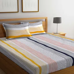 FABINALIV White & Yellow Striped 300 TC Super King Bedsheet with 2 Pillow Covers-23