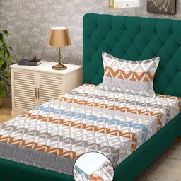 KLOTTHE Peach & White Geometric Printed 300 TC Fitted Single Bedsheet With 1 Pillow Cover-4