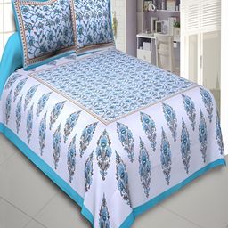 Runjhun Blue Ethnic Motifs Printed 144 TC Pure Cotton Queen Bedsheet & 2 Pillow Covers-image-65