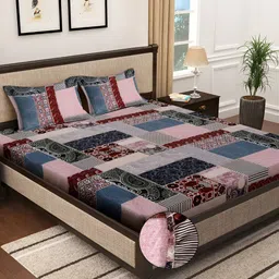 KLOTTHE Blue Ethnic Motif Printed 300TC Fitted Double King Bedsheet With 2 Pillow Covers-image-23