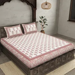 JAIPUR FABRIC Oblique Decoration Pink & White 240 TC Cotton Queen Bedsheet & Pillow Covers-11