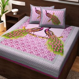 Aura Pink & Green Floral Cotton 120 TC Queen Bedsheet with 2 Pillow Covers-image-84