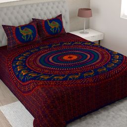 Aura Red & Blue Ethnic Motifs 144 TC Cotton King Bedsheet With 2 Pillow Covers-6
