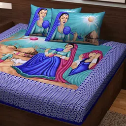 POORAK Blue & Pink Ethnic Motifs 104 TC Cotton Queen Bedsheet Set-image-19