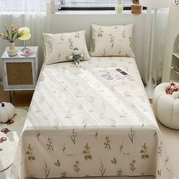 JC HOME Cream-Coloured & Green Floral 200 TC King Bedsheet with 2 Pillow Covers-image-69