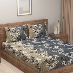 SWAYAM Prakriti Grey & Brown Floral 144 TC Flat Queen Bedsheet with 2 Pillow Covers-image-52