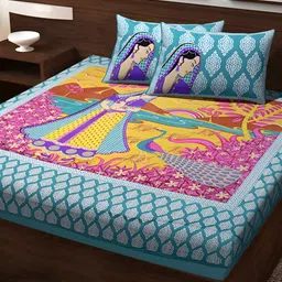 POORAK Green & Yellow Ethnic Motifs 104 TC Cotton Queen Bedsheet Set-image-9