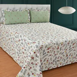 MORADO White & Olive Green Floral Printed 210 TC King Bedsheet With 2 Pillow Covers-image-89