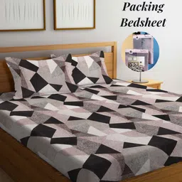 Arrabi White & Black Geometric 300 TC King Bedsheet with 2 Pillow Covers-image-84