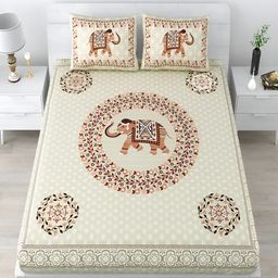 Runjhun Green & Brown Ethnic Motifs Cotton 144 TC Queen Bedsheet with 2 Pillow Covers-image-76