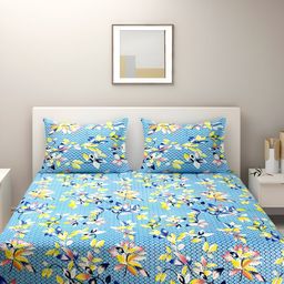 Aura Blue & Yellow Floral Printed 200 TC Cotton King Bedsheet with 2 Pillow Covers-image-20