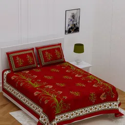 POORAK Maroon & White Floral Cotton 104 TC Queen Bedsheet With 2 Pillow Covers-image-16