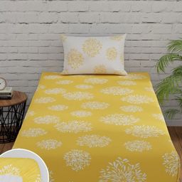 Huesland Yellow & White Floral 144 TC Cotton Fitted Single Bedsheet & 2 Pillow Covers-image-30
