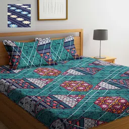 Arrabi Green & Blue Ethnic Motifs 300 TC 2 King Bedsheet with 4 Pillow Covers-image-71