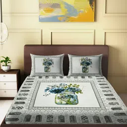 Spangle Grey & Blue Floral Cotton 260 TC King Bedsheet with 2 Pillow Covers-image-47