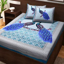Aura Turquoise Blue Ethnic Motifs Cotton 120 TC Queen Double Bedsheet With 2 Pillow Covers-image-88